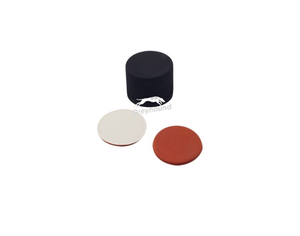 Picture of 8-425 Black Solid Top Polypropylene Screw Cap with Beige PTFE/Red Rubber Septa, 1mm, (Shore A 45)